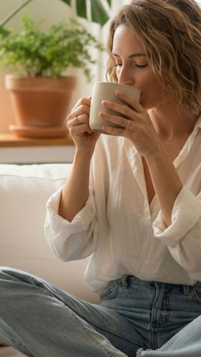 Mareike Krohnen, gemütlich zuhause mit einer Tasse Kaffee