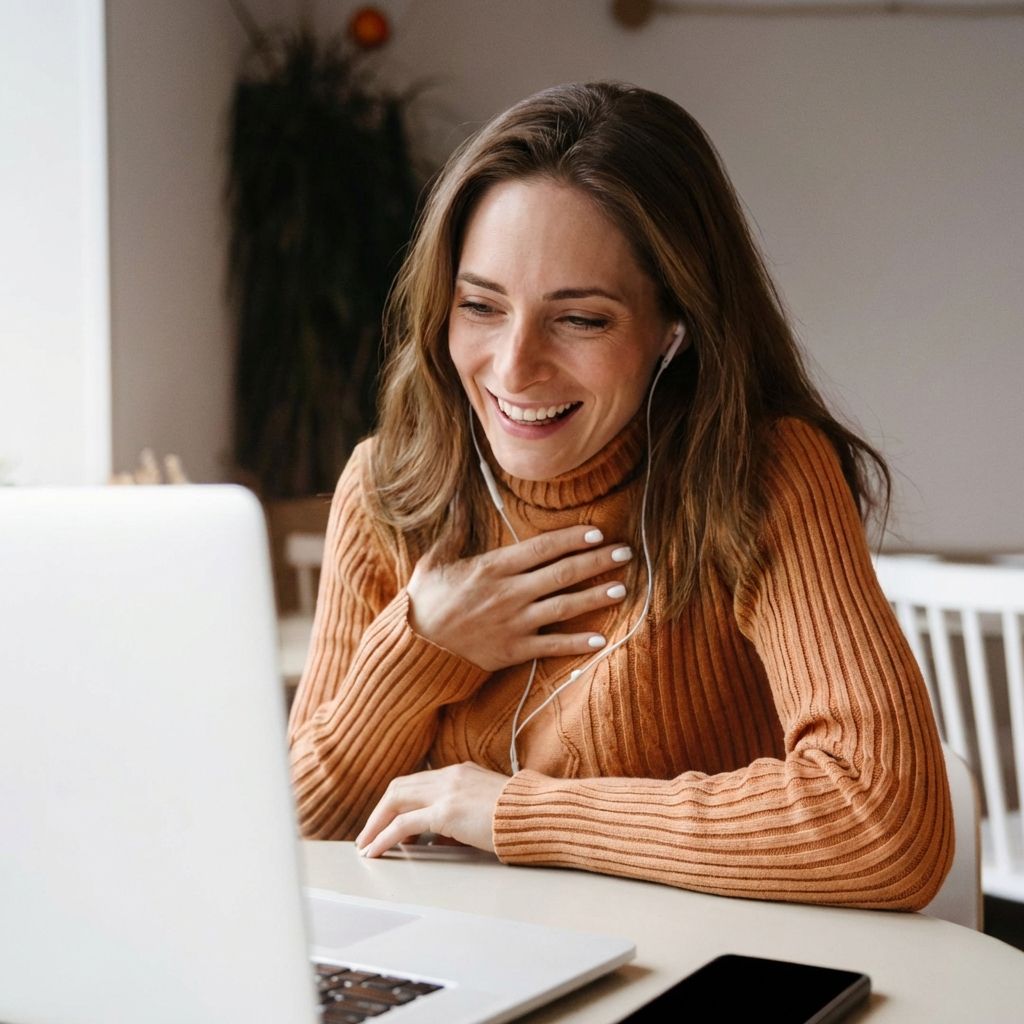 Mareike Krohnen mit Laptop, lachend