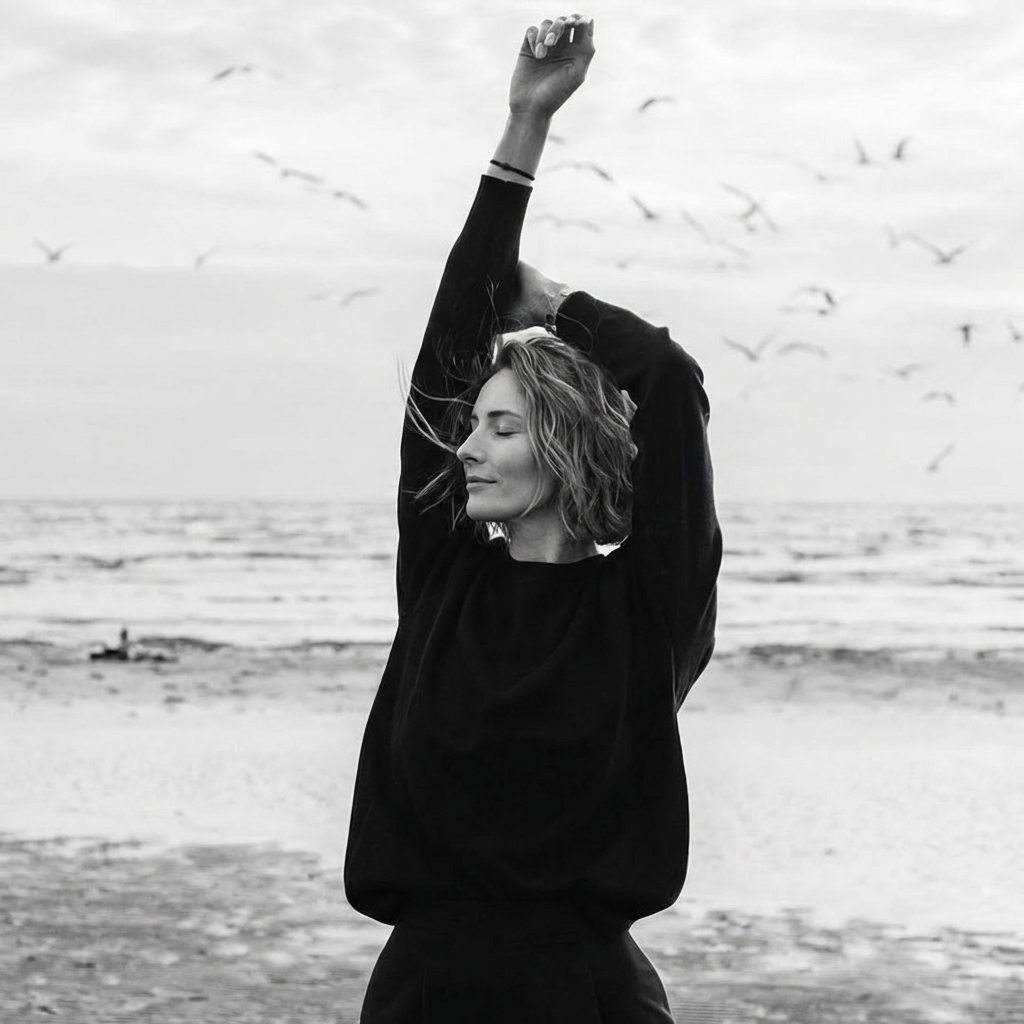 Mareike Krohnen am Meer, die Arme über dem Kopf, die Augen geschlossen, im Hintergrund fliegen Möwen