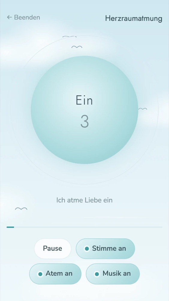 Die Herzraumatmung läuft, ein großer türkiser Atemkreis mit „Ein 3“, darunter „Ich atme Liebe ein“