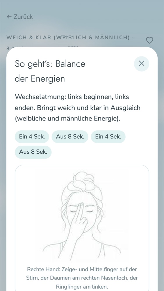 Anleitung „So geht’s“ in der App mit einer gezeichneten Frau, die die Wechselatmung zeigt
