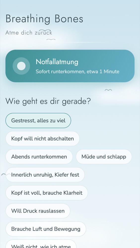 Startseite der App mit der Frage „Wie geht es dir gerade?“ und Antworten zum Antippen