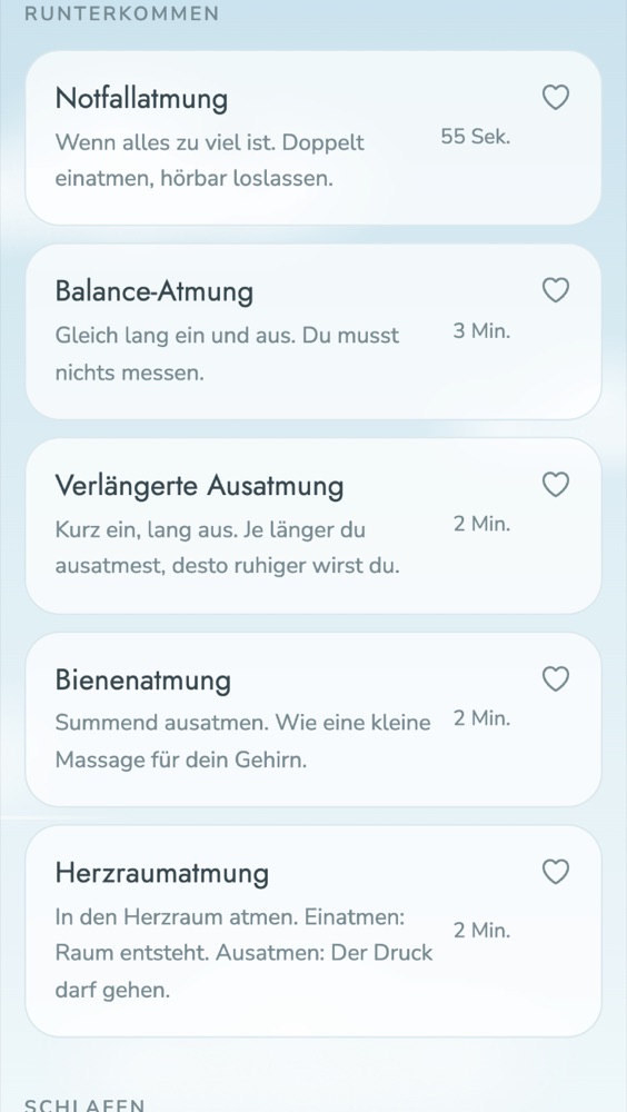 Übungsliste der App im Bereich Runterkommen, mit Notfallatmung, Balance-Atmung und weiteren Übungen